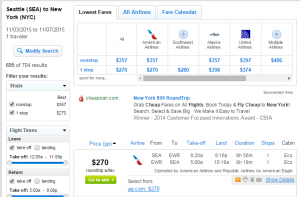 Seattle to NYC: Fly.com Results Page