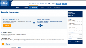 Boston to Seattle: JetBlue Booking Page