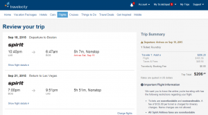 Las Vegas to Boston: Travelocity Booking Page