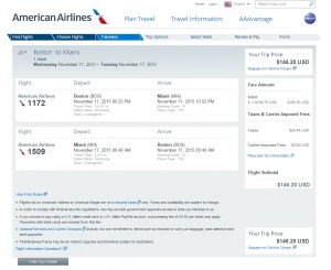 Boston to Miami: AA Booking Page
