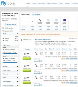 DC to Nashville: Fly.com Results