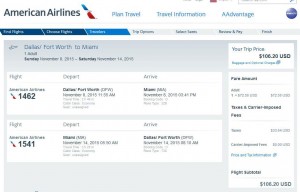 Dallas-Miami: American Airlines Booking Page