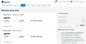 Detroit-Cancun: Expedia Booking Page