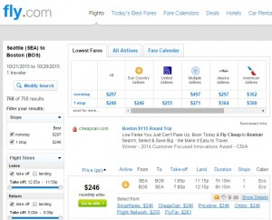 Seattle to Boston: Fly.com Results