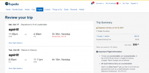 Denver to Ft Lauderdale: Expedia Booking Page