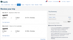 Fort Lauderdale to NYC: Expedia Booking Page