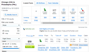 Chicago to Philly: Fly.com Results Page