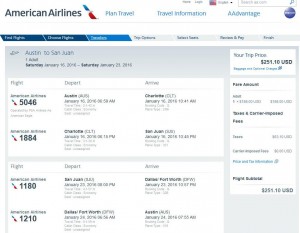 Austin-San Juan: American Airlines Booking Page