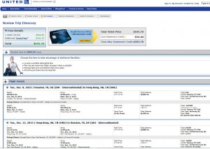Houston-Hong Kong: United Airlines Booking Page