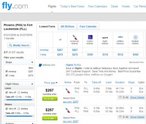 Phoenix to Ft. Lauderdale: Fly.com Results