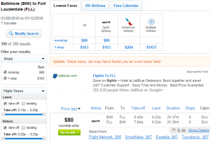 Baltimore to Fort Lauderdale: Fly.com Results Page