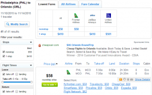 Philly to Orlando: Fly.com Results Page