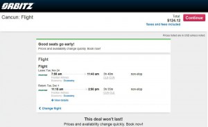 Cleveland-Cancun: Orbitz Booking Page
