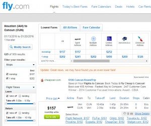 Houston to Cancun: Fly.com Results