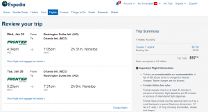 D.C. to Orlando: expedia Booking Page