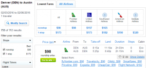Denver to Austin: Fly.com Results Page