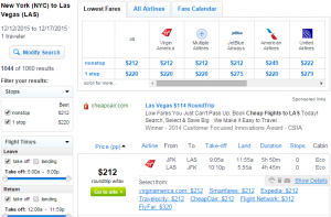 NYC to Vegas: Fly.com Results Page