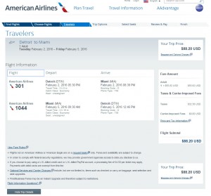 Detroit to Miami: AA Booking Page