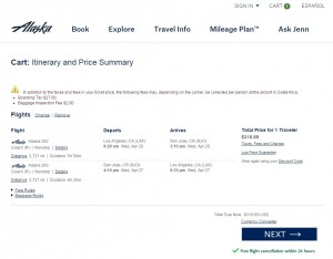 LA to Costa Rica: Alaska Airlines Booking Page