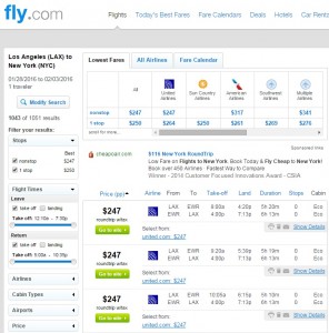 Los Angeles to New York City: Fly.com Results