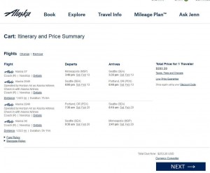 Minneapolis-Portland: Alaska Airlines Booking Page