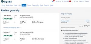 Chicago to SF: Expedia Booking Page
