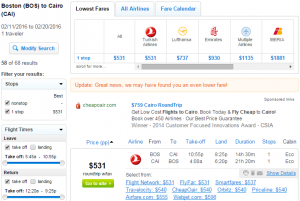 Boston to Cairo: Fly.com Results Page