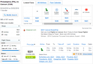 Philly to Cancun: Fly.com Results Page
