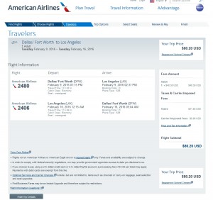 Dallas to Los Angeles: American Airlines Booking Page