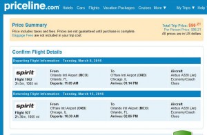Orlando-Chicago: Priceline Booking Page
