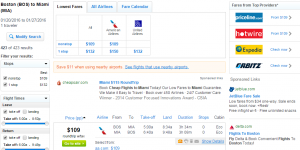 Boston to Miami: Fly.com Results Page