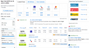 NYC to Antigua: Fly.com Results Page