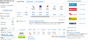 NYC to LA: Fly.com Results Page