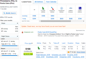 Philly to Punta Cana: Fly.com Results Page
