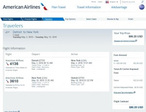 Detroit-New York City: American Airlines Booking Page
