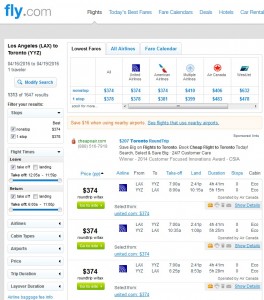 Los Angeles to Toronto: Fly.com Results