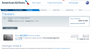 Boston to St Thomas: American Airlines Booking Page
