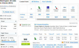 D.C. to Orlando: Fly.com Results Page