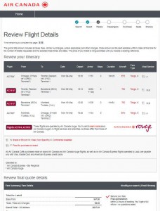 Chicago-Barcelona: Air Canada Booking Page
