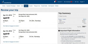 Houston-San Diego: Travelocity Booking Page
