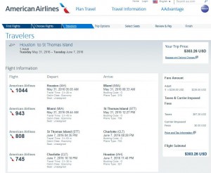 Houston-St. Thomas: American Airlines Booking Page ($304)