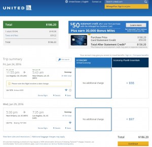 Los Angeles to New Orleans: United Booking Page