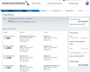 Minneapolis-Cancun: American Airlines Booking Page