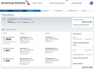 Philadelphia-Montego Bay: American Airlines Booking Page