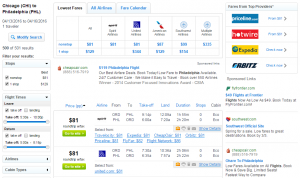 Chicago to Philly: Fly.com Results Page