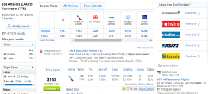 LA to Vancouver: Fly.com Results Page