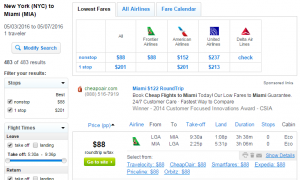 NYC to Miami: Fly.com Results Page