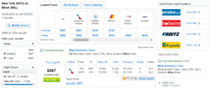 NYC to Milan: Fly.com Results Page