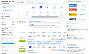 Philly to Chicago: Fly.com Results Page