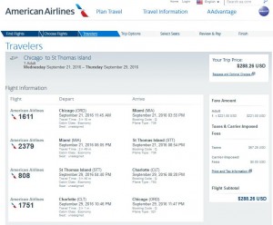 Chicago-St. Thomas: American Airlines Booking Page